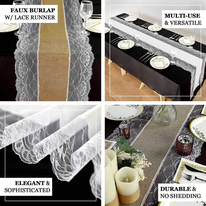 Ivory faux burlap table runner with white lace edging for rustic decor.