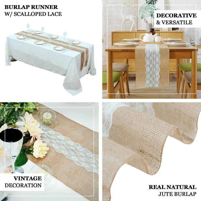Natural jute burlap table runner with white lace, perfect for rustic decor.