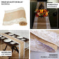Natural jute burlap table runner with white lace trim edges, boho chic decor.