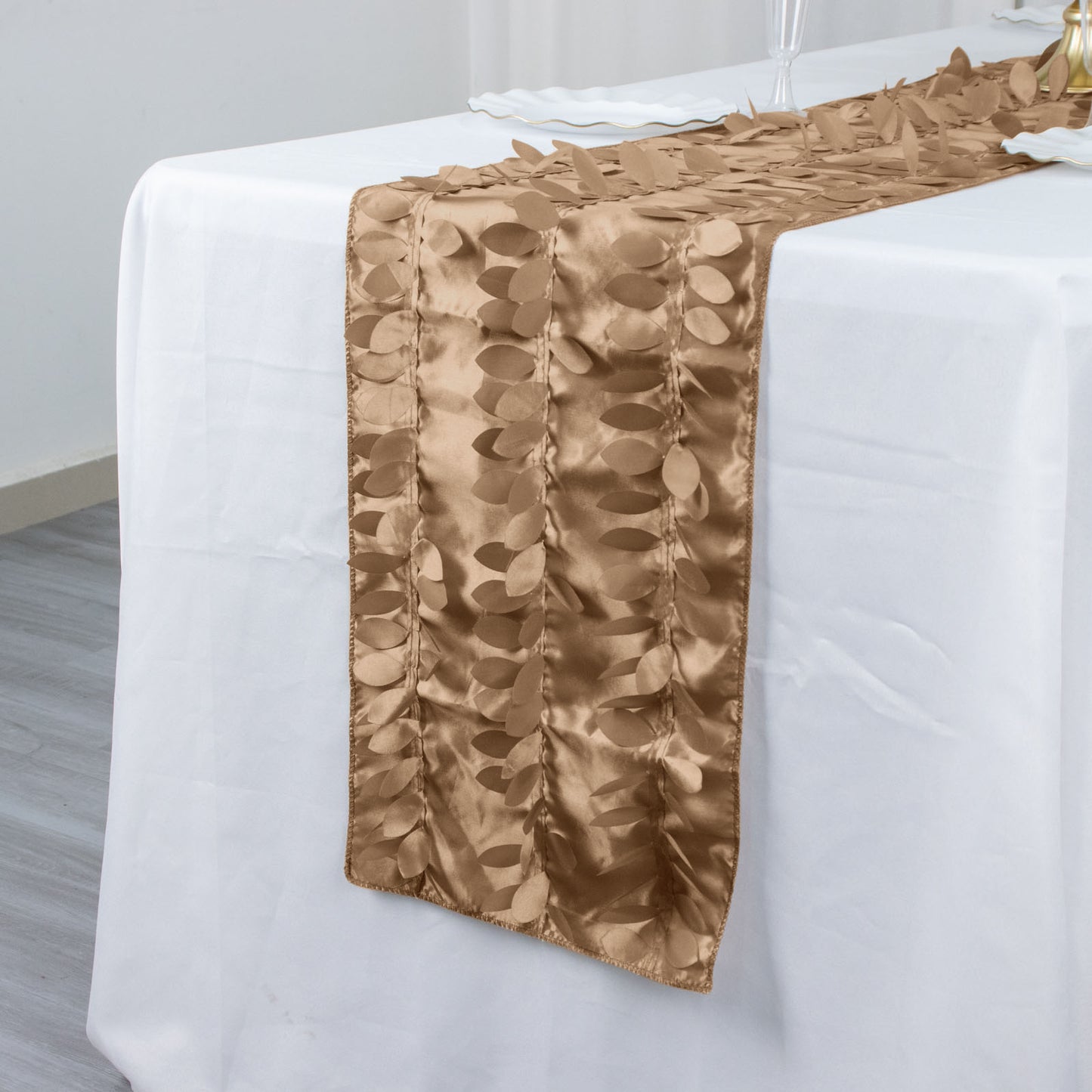 12"x108" Taupe 3D Leaf Petal Taffeta Fabric Table Runner