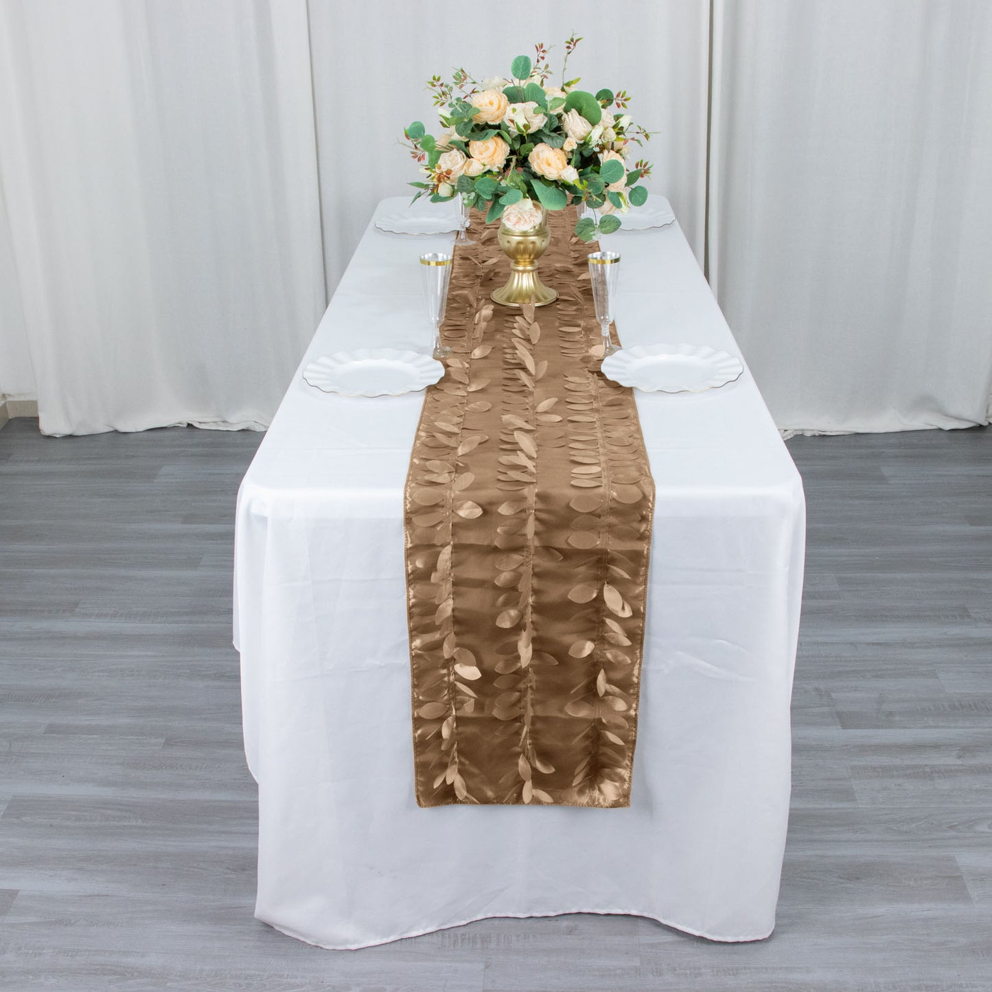 12"x108" Taupe 3D Leaf Petal Taffeta Fabric Table Runner