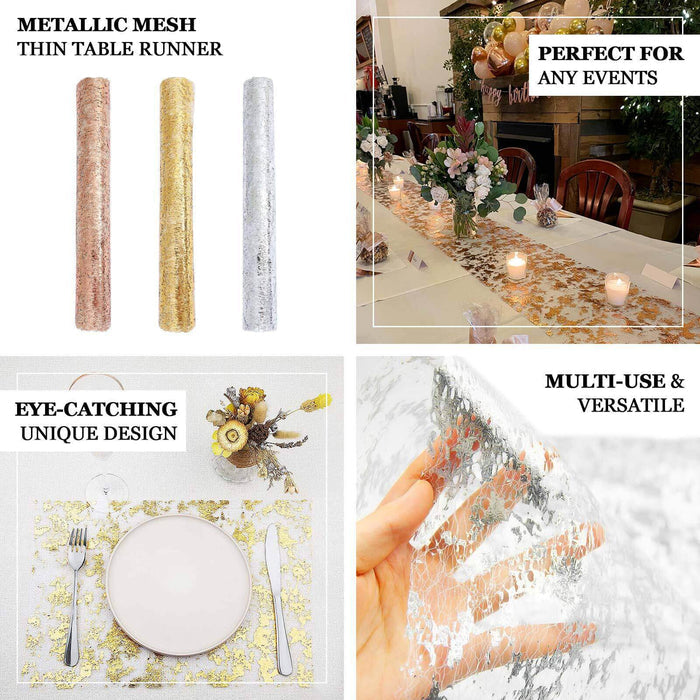 Sparkly metallic silver foil thin mesh disposable table runner for events.