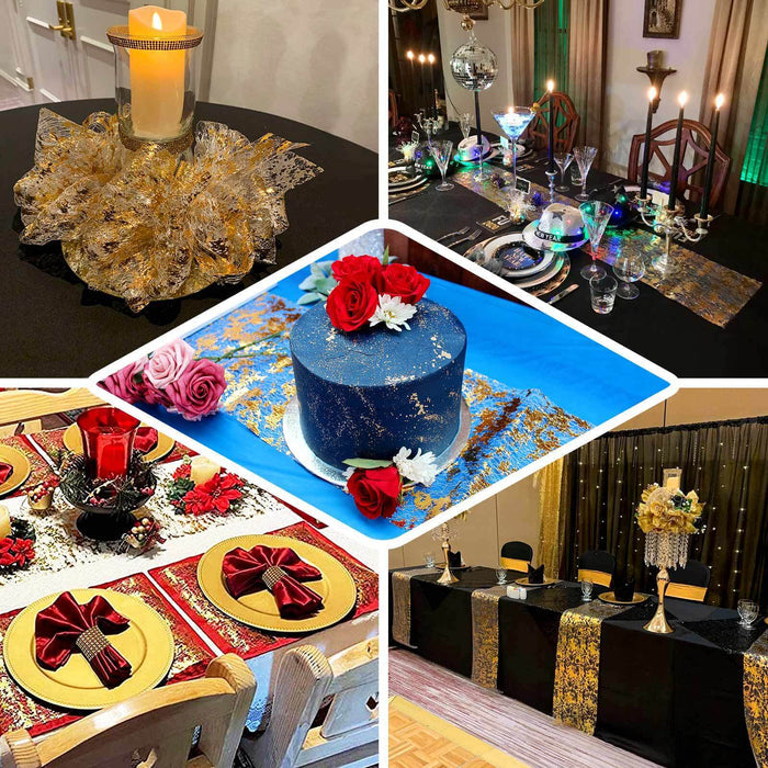 Metallic rose gold foil thin mesh polyester table runner on elegant dining setup.