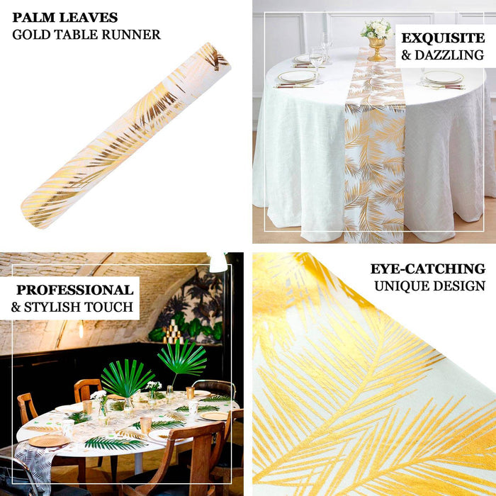 Metallic gold foil palm leaves table runner roll for tropical event decor.