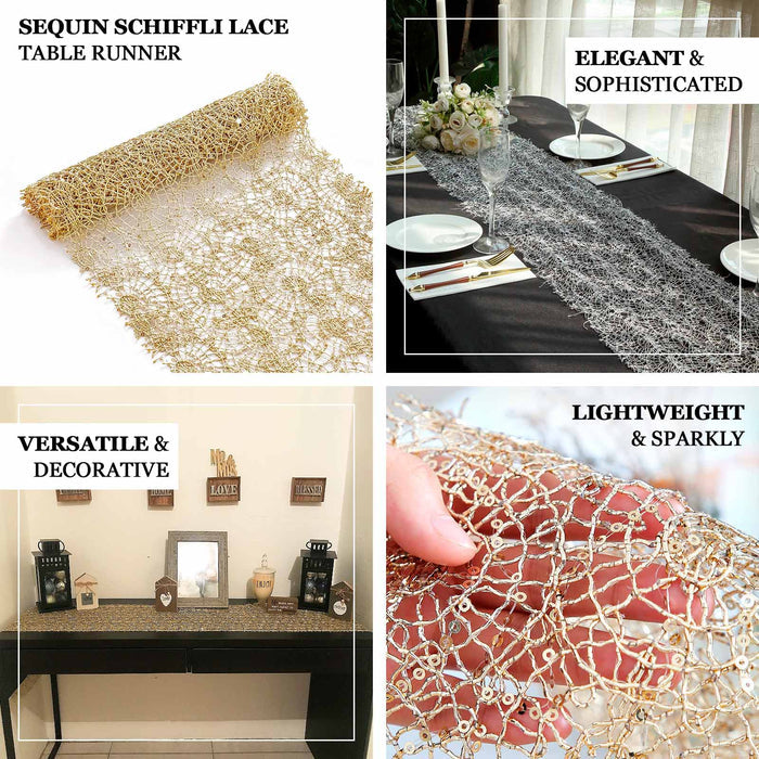 Gold Sequin Mesh Schiffli Lace Table Runner, Sparkly Wedding Table Decoration