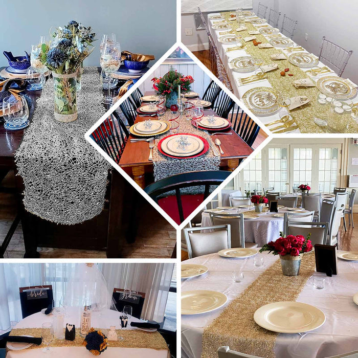 Gold sequin mesh lace table runner for sparkly wedding decoration.