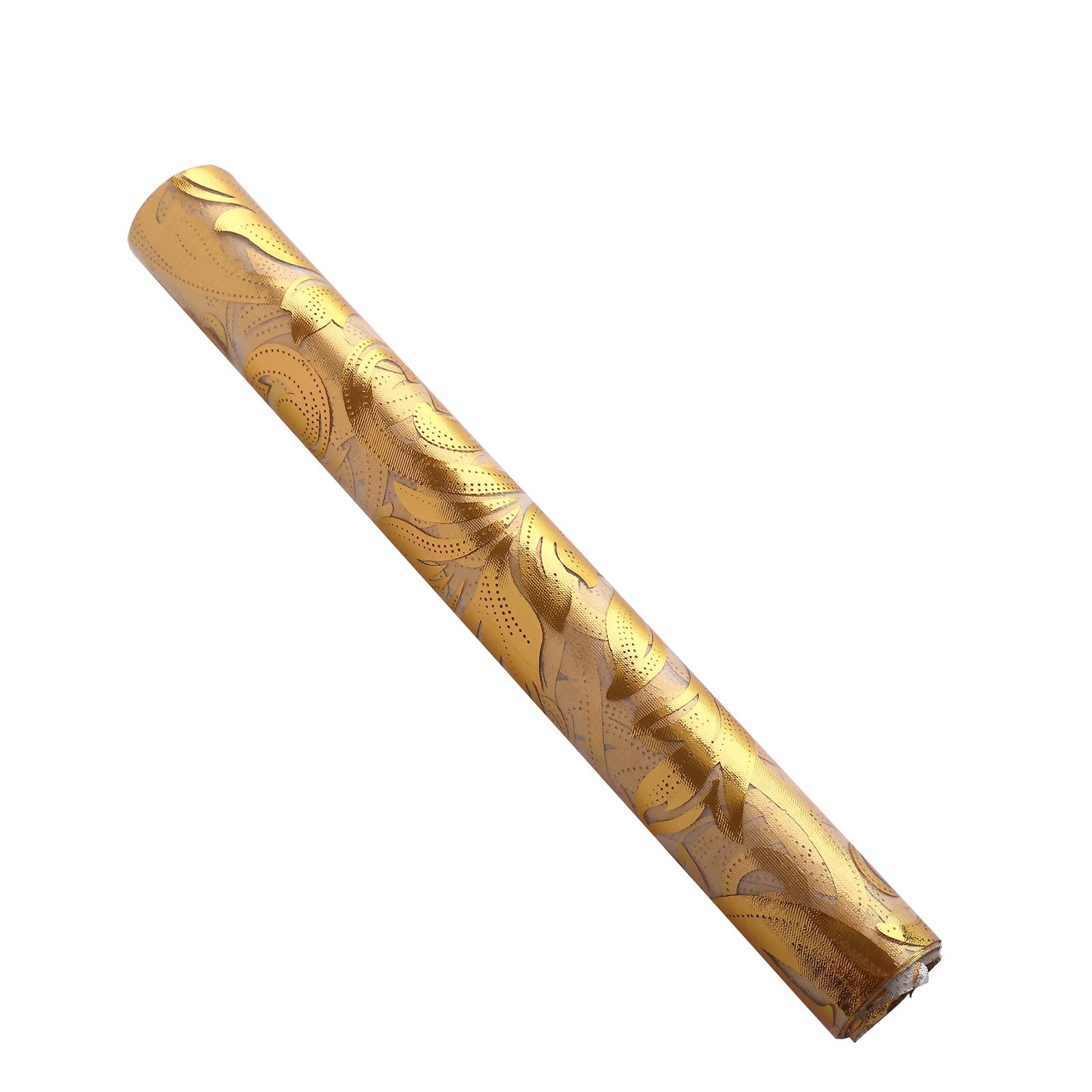 Metallic gold sheer organza table runner with swirl foil flower design.