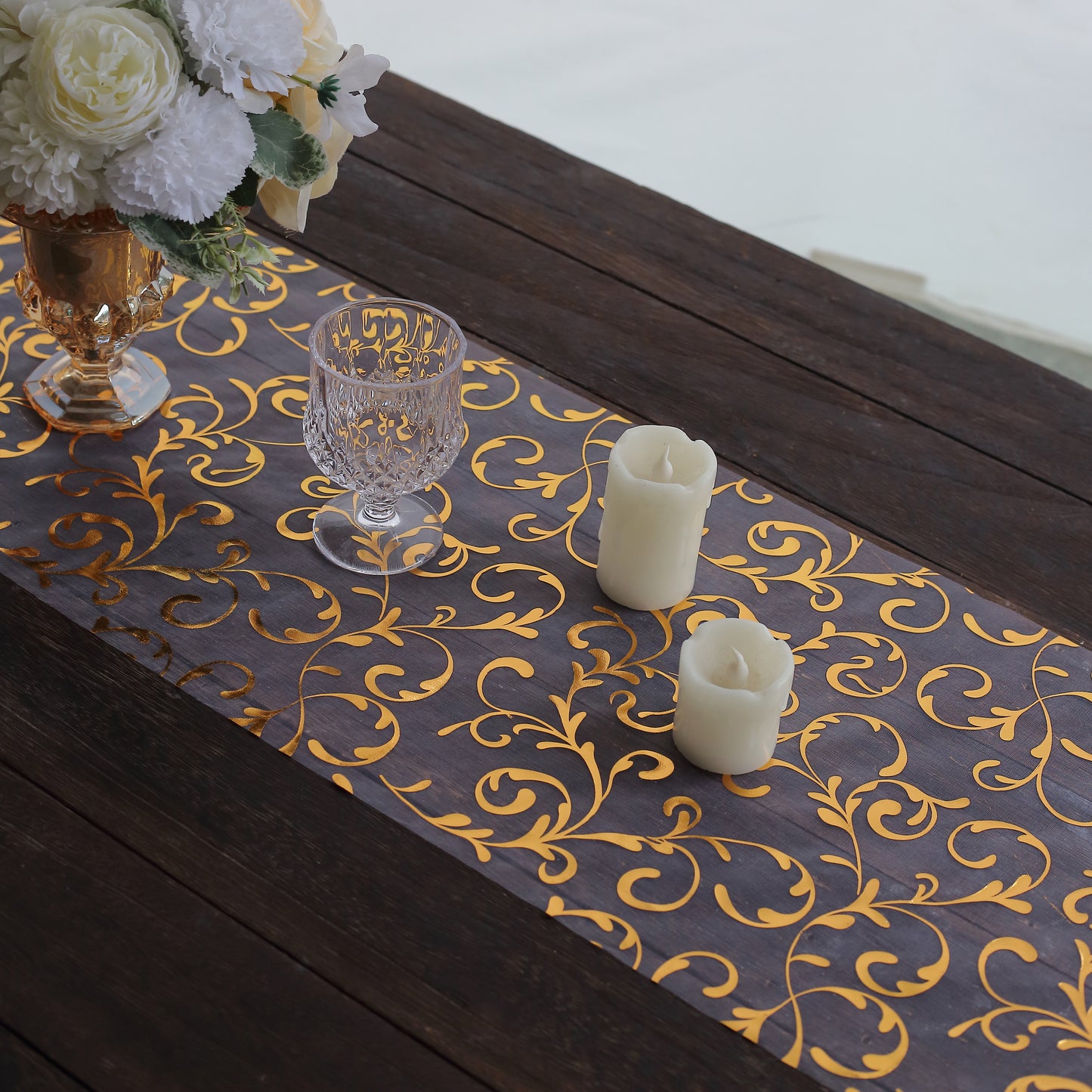 12"x108" Metallic Gold Mesh Table Runner with Embossed Foil Flower Design
