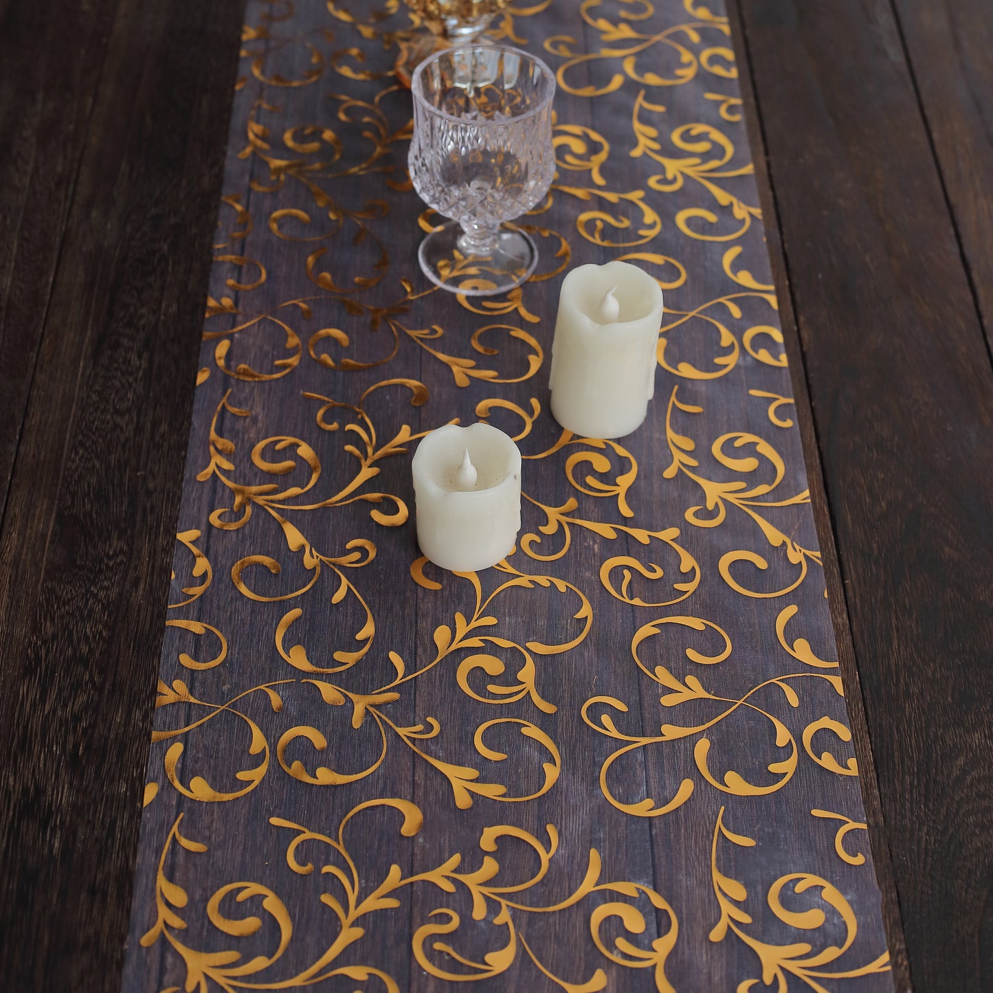 12"x108" Metallic Gold Mesh Table Runner with Embossed Foil Flower Design