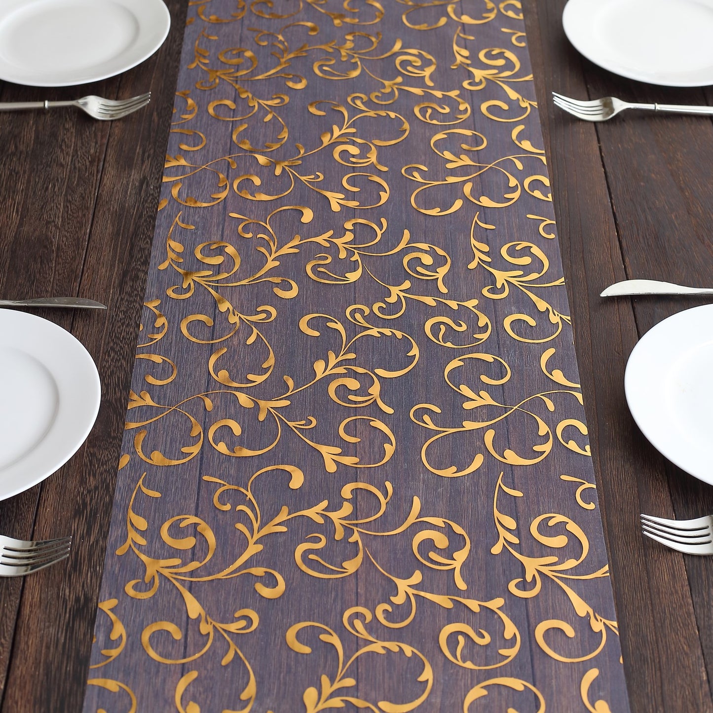 12"x108" Metallic Gold Mesh Table Runner with Embossed Foil Flower Design
