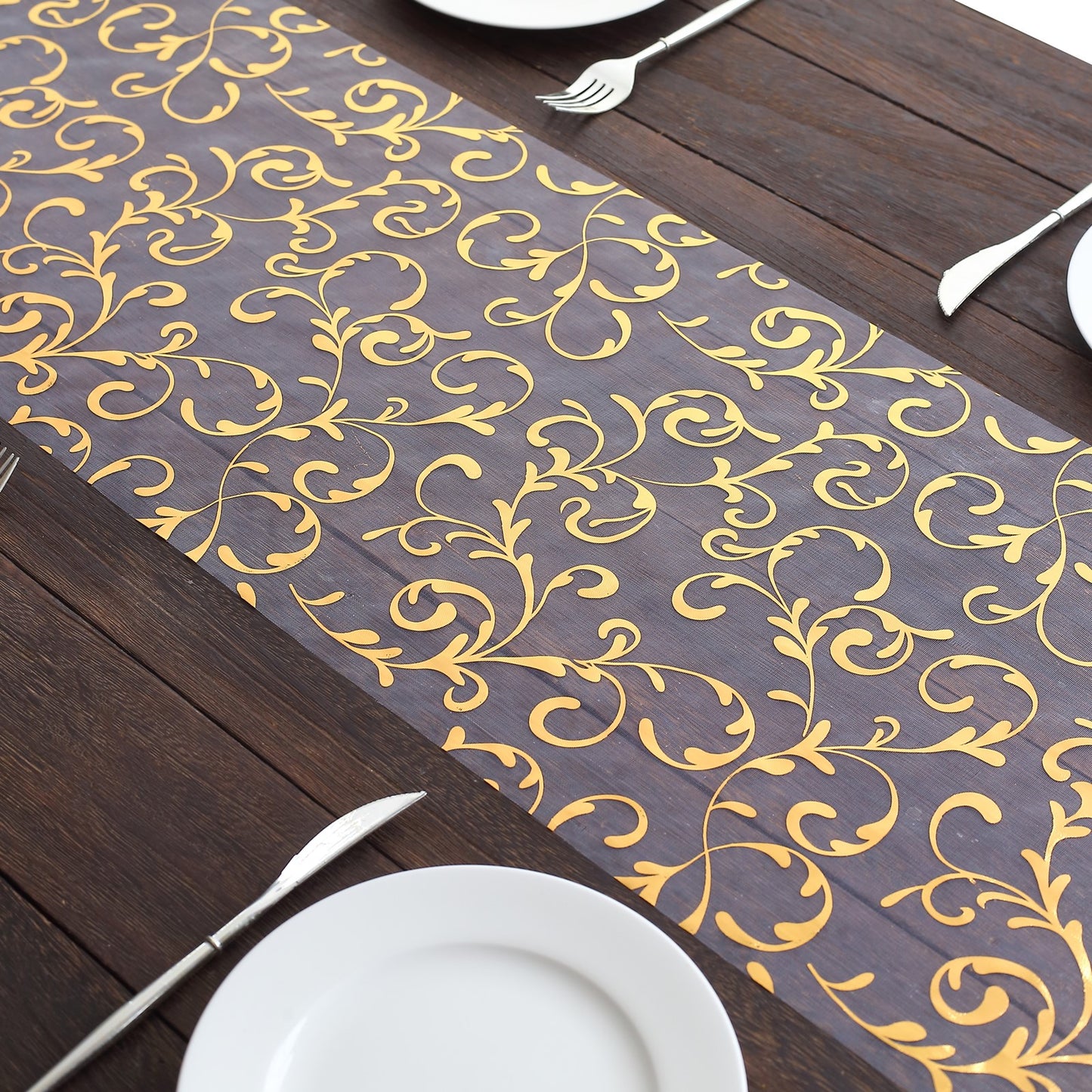 12"x108" Metallic Gold Mesh Table Runner with Embossed Foil Flower Design