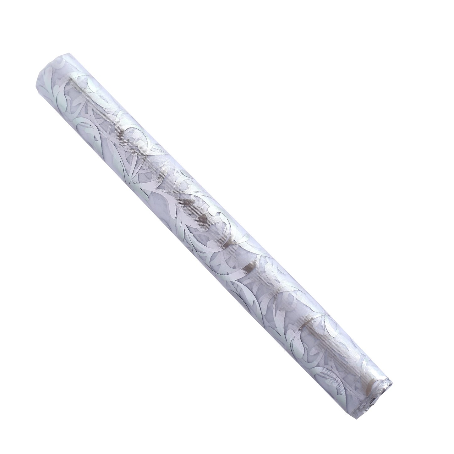 Metallic silver table runner with embossed foil flower design.