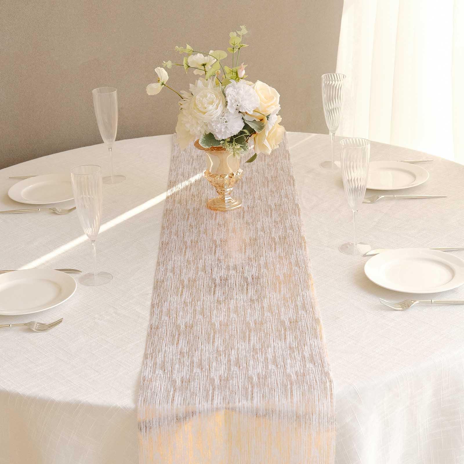 Metallic gold faux suede table runner on a round dining table.