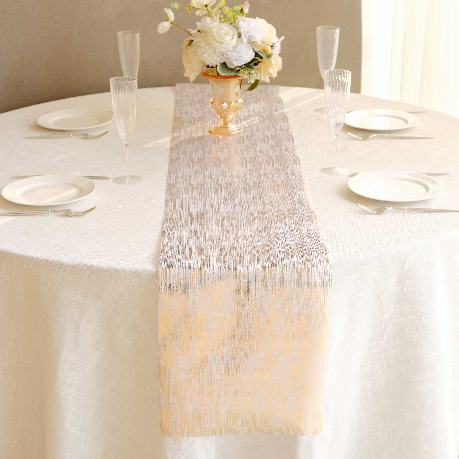 Metallic gold faux suede table runner on a white table setting.