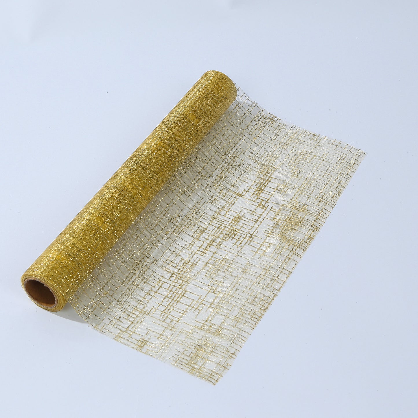 Metallic gold glitter mesh polyester disposable table runner on a white background.