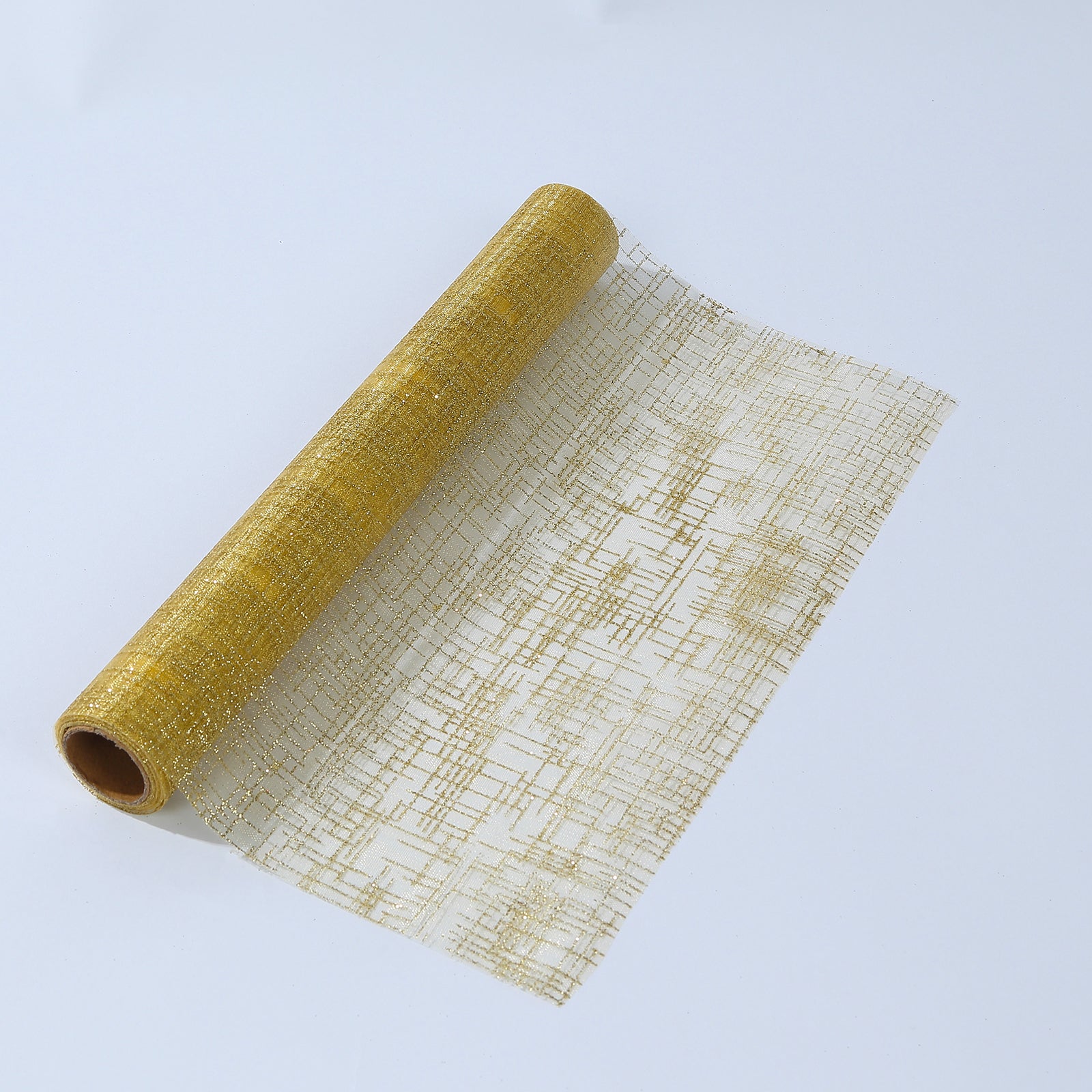 Metallic gold glitter mesh polyester disposable table runner on a white background.