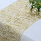 Metallic gold glitter mesh polyester disposable table runner on a white table.