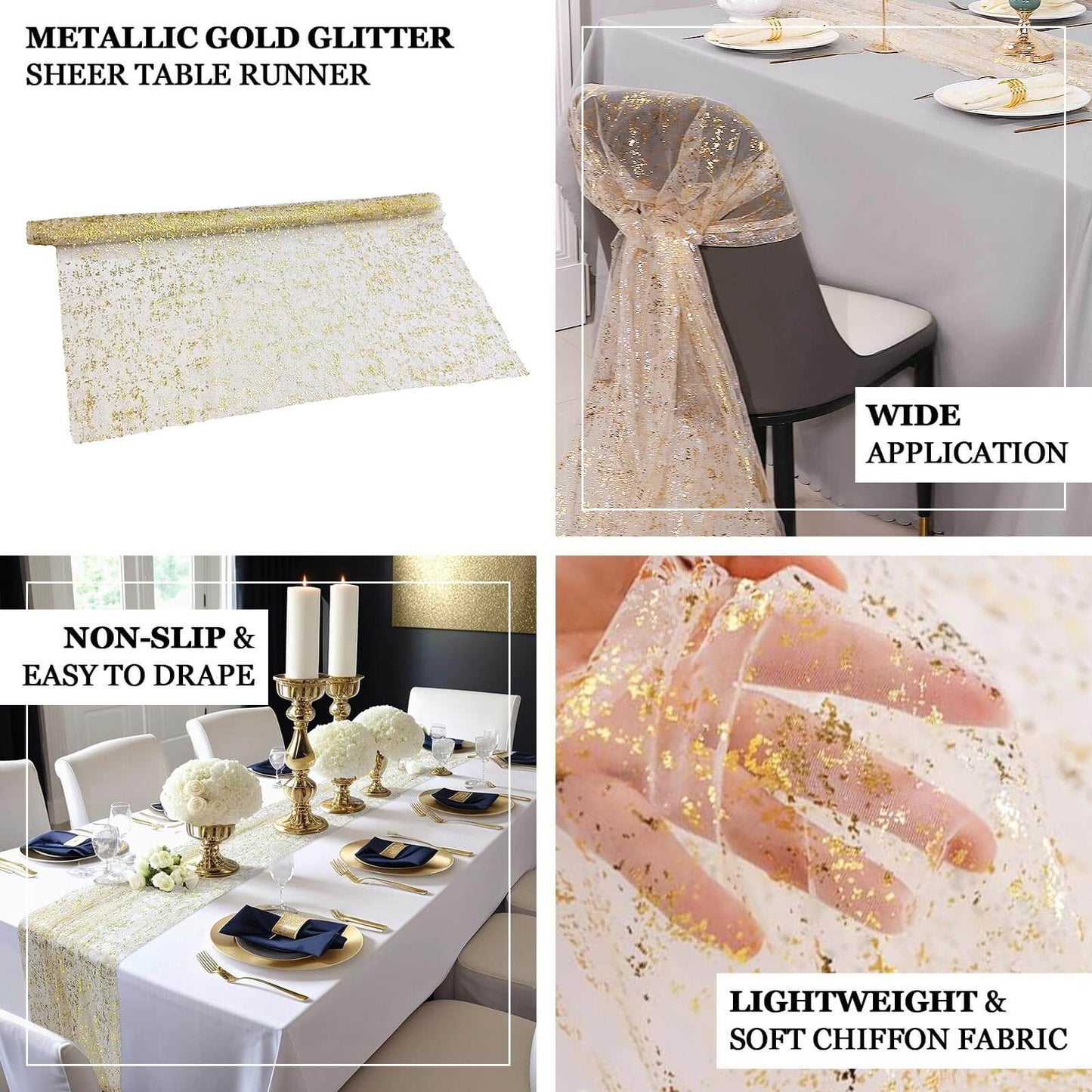 Metallic gold glitter sheer chiffon table runner for elegant wedding decor.