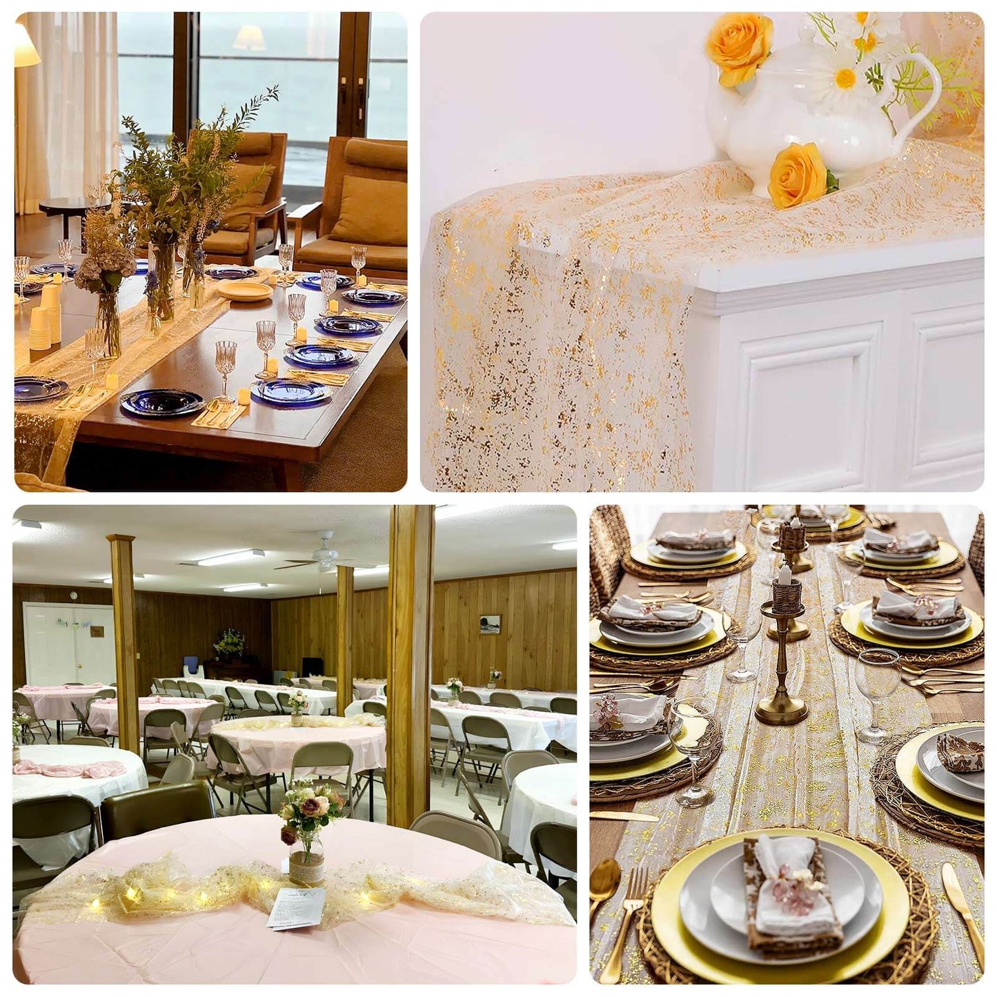 Metallic gold glitter sheer chiffon table runner on elegant wedding tables.
