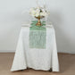 Emerald green mesh organza table runner with gold foil wave pattern.
