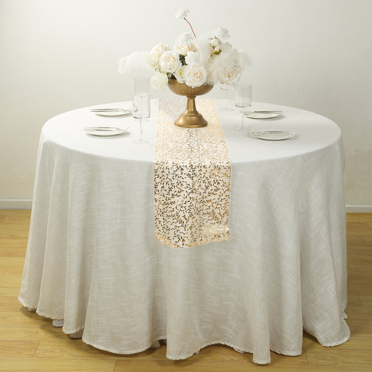 5 Pack White Mesh Organza Floral Disposable Table Runners with Gold Foil Leaf Vines - 11"x108"