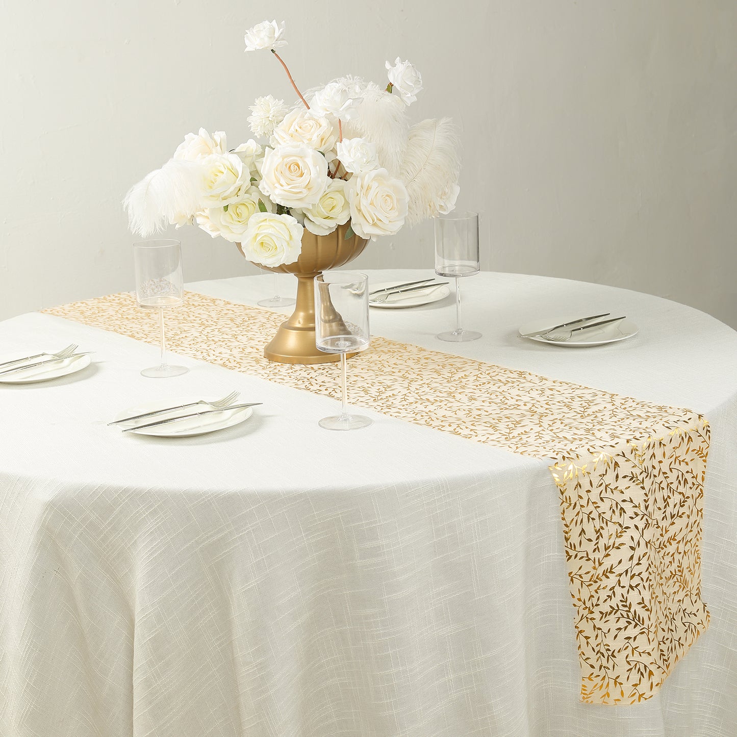5 Pack White Mesh Organza Floral Disposable Table Runners with Gold Foil Leaf Vines - 11"x108"