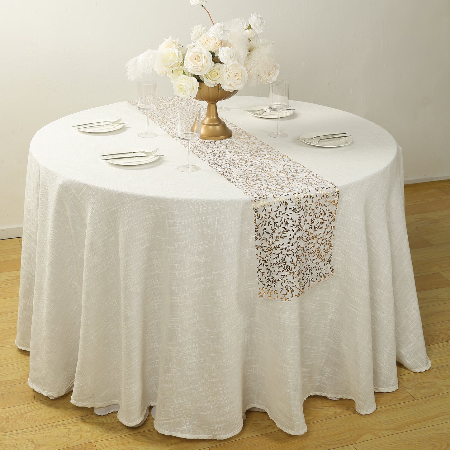 5 Pack White Mesh Organza Floral Disposable Table Runners with Gold Foil Leaf Vines - 11"x108"