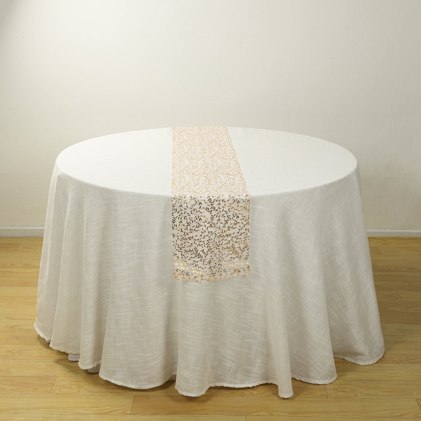 5 Pack White Mesh Organza Floral Disposable Table Runners with Gold Foil Leaf Vines - 11"x108"