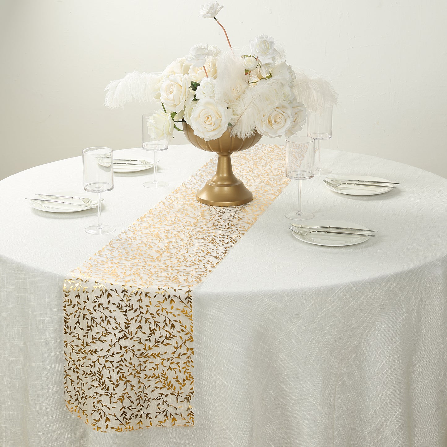 5 Pack White Mesh Organza Floral Disposable Table Runners with Gold Foil Leaf Vines - 11"x108"