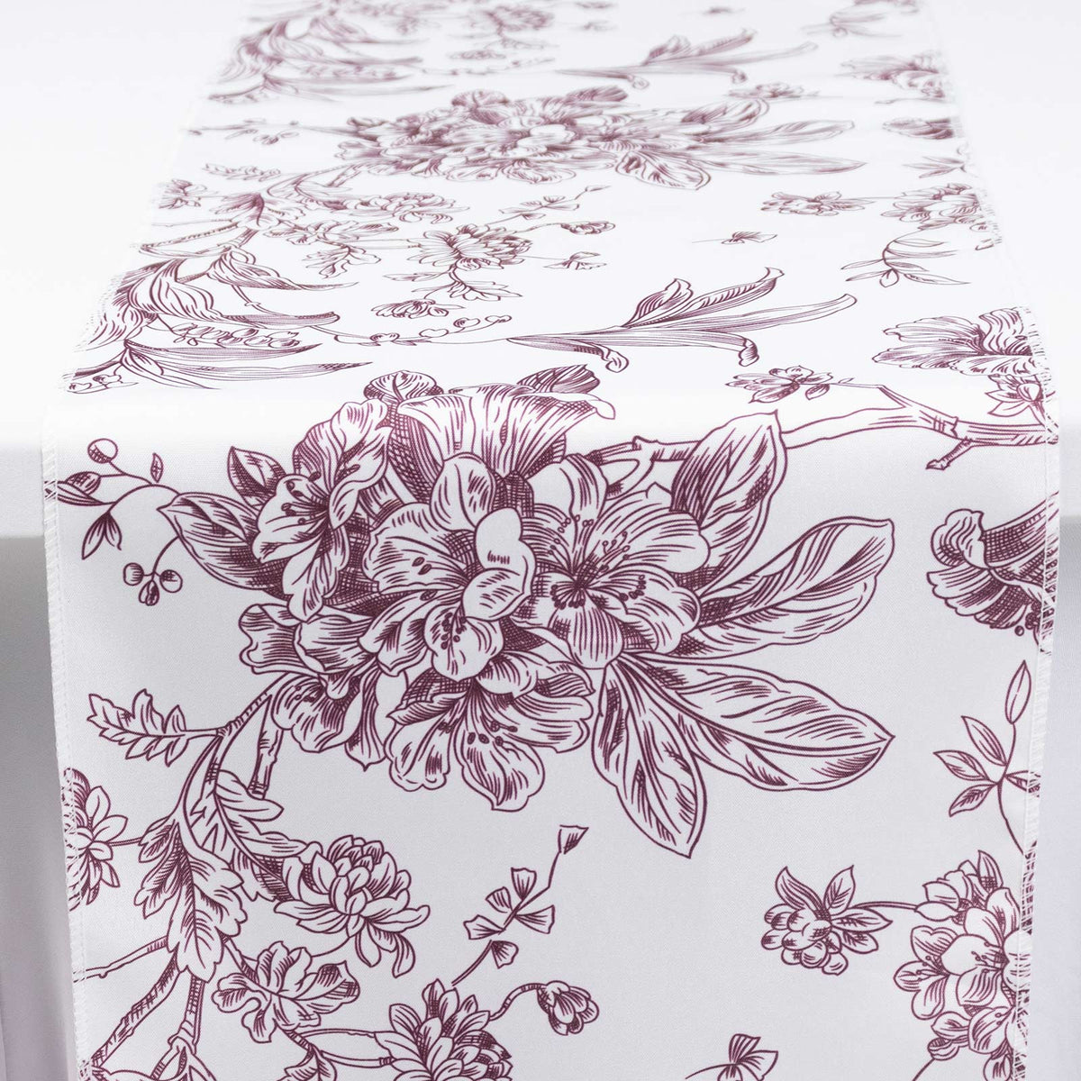 Polyester Table Runner 12"x108" White with Burgundy French Toile Floral Print - Stylish Reusable Tab