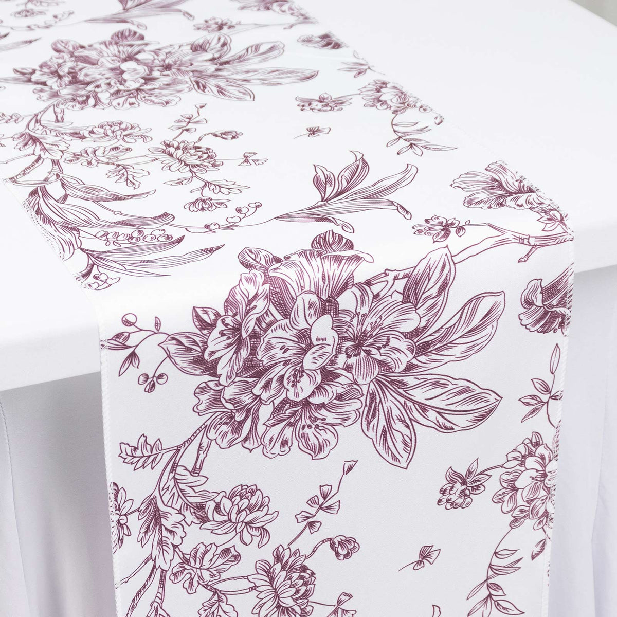 Polyester Table Runner 12"x108" White with Burgundy French Toile Floral Print - Stylish Reusable Tab