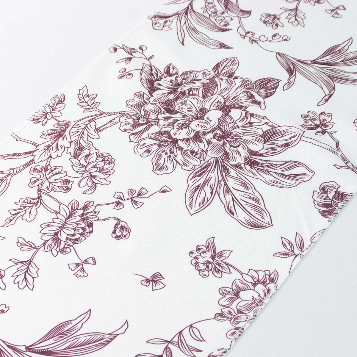 Polyester Table Runner 12"x108" White with Burgundy French Toile Floral Print - Stylish Reusable Tab