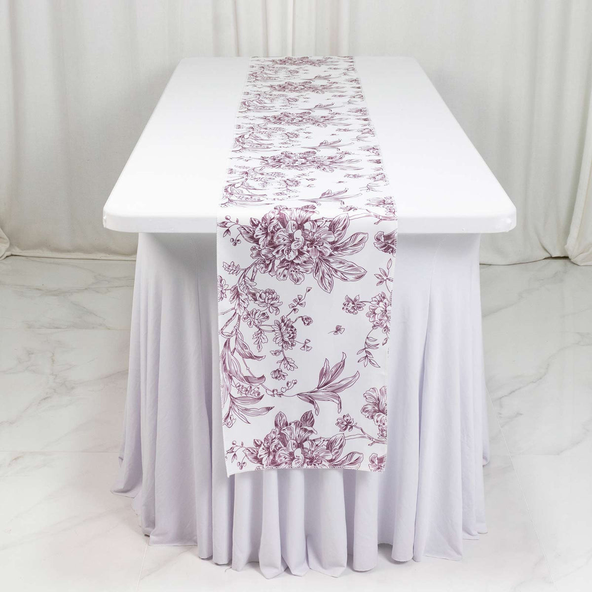 Polyester Table Runner 12"x108" White with Burgundy French Toile Floral Print - Stylish Reusable Tab
