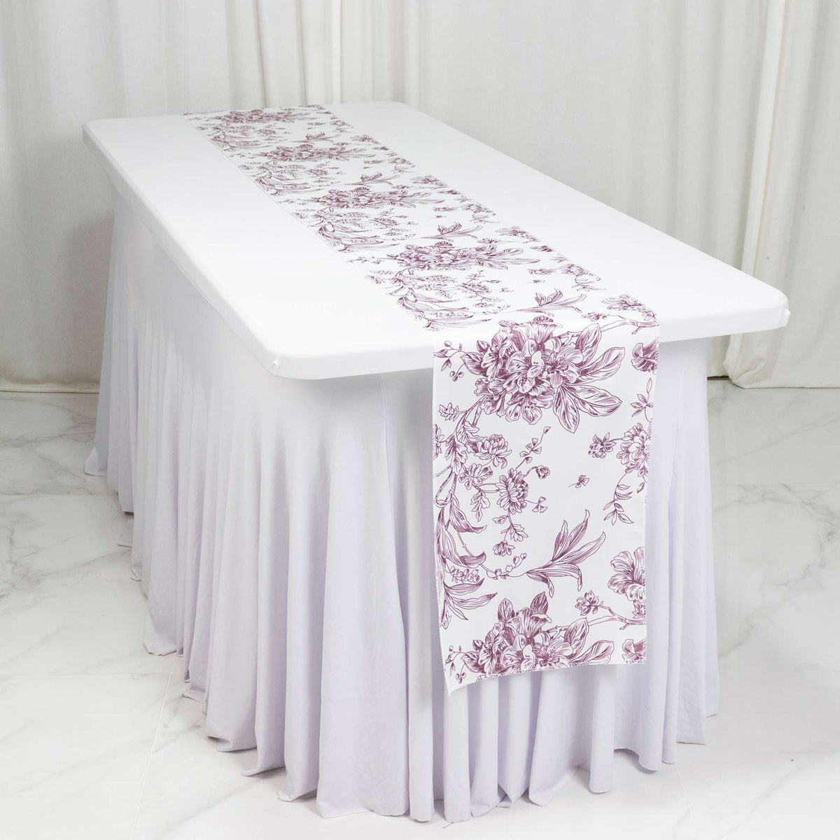 Polyester Table Runner 12"x108" White with Burgundy French Toile Floral Print - Stylish Reusable Tab