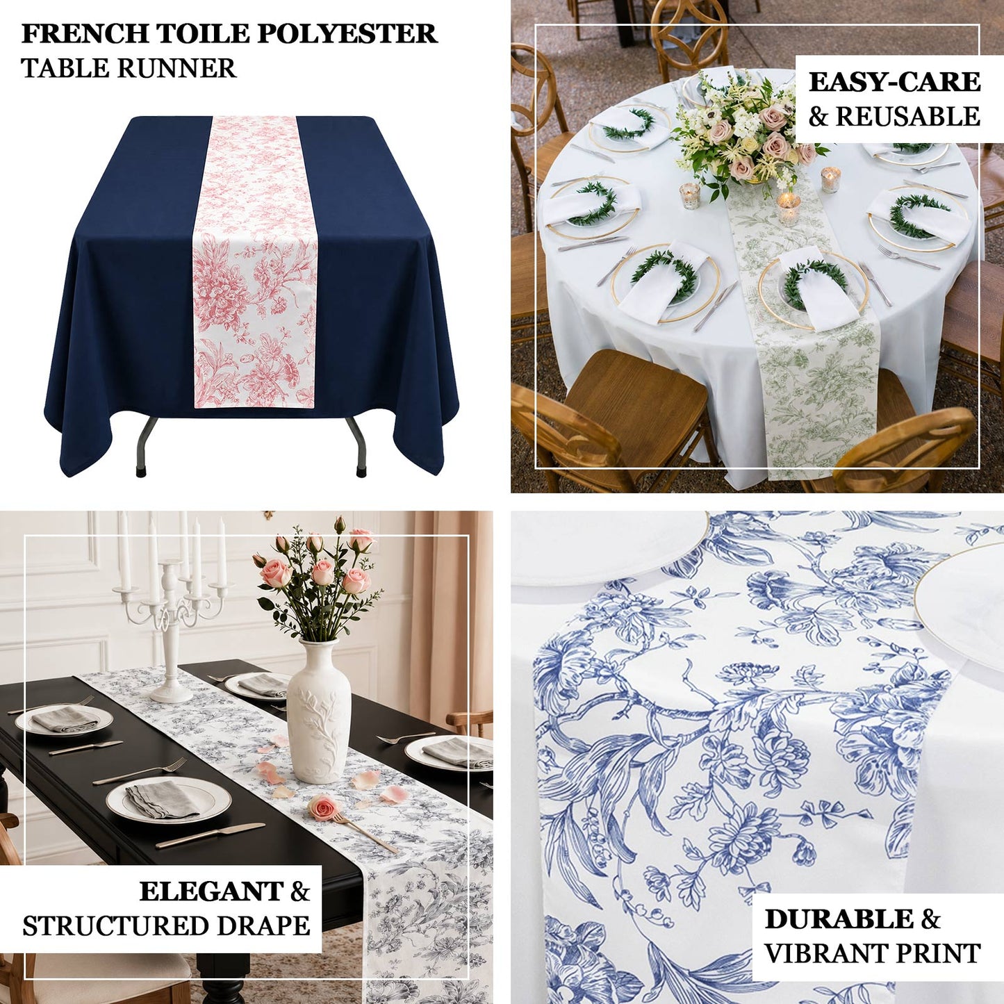 Polyester Table Runner 12"x108" White with Black French Toile Floral Print - Stylish Reusable Table 