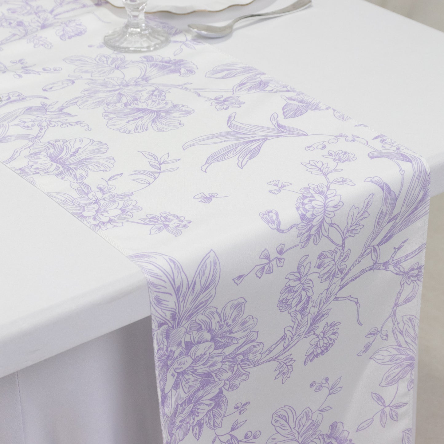 Polyester Table Runner 12"x108" White with Lavender Lilac French Toile Floral Print - Stylish Reusable Table Décor