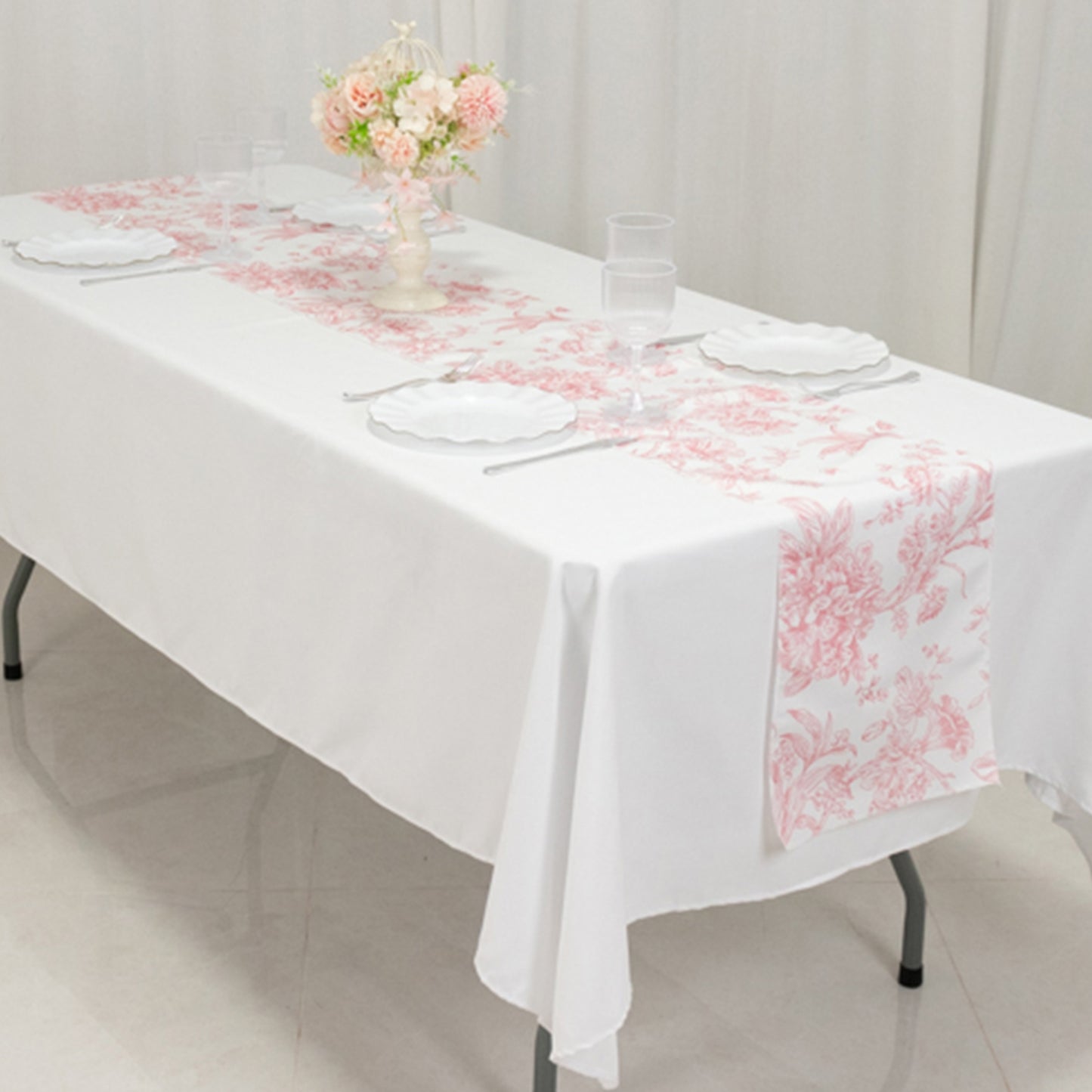 12"x108" White Pink French Toile Polyester Table Runner, Elegant Floral Pattern for Table Settings