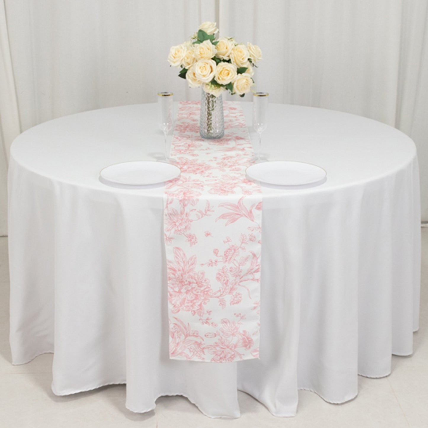 12"x108" White Pink French Toile Polyester Table Runner, Elegant Floral Pattern for Table Settings