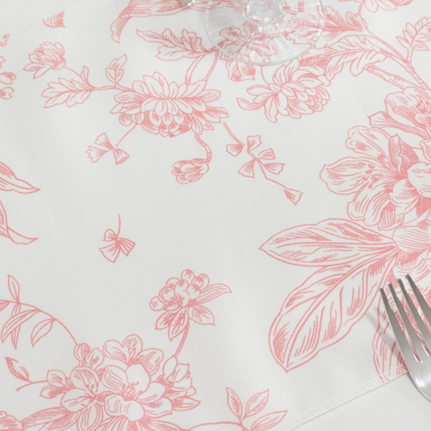 12"x108" White Pink French Toile Polyester Table Runner, Elegant Floral Pattern for Table Settings