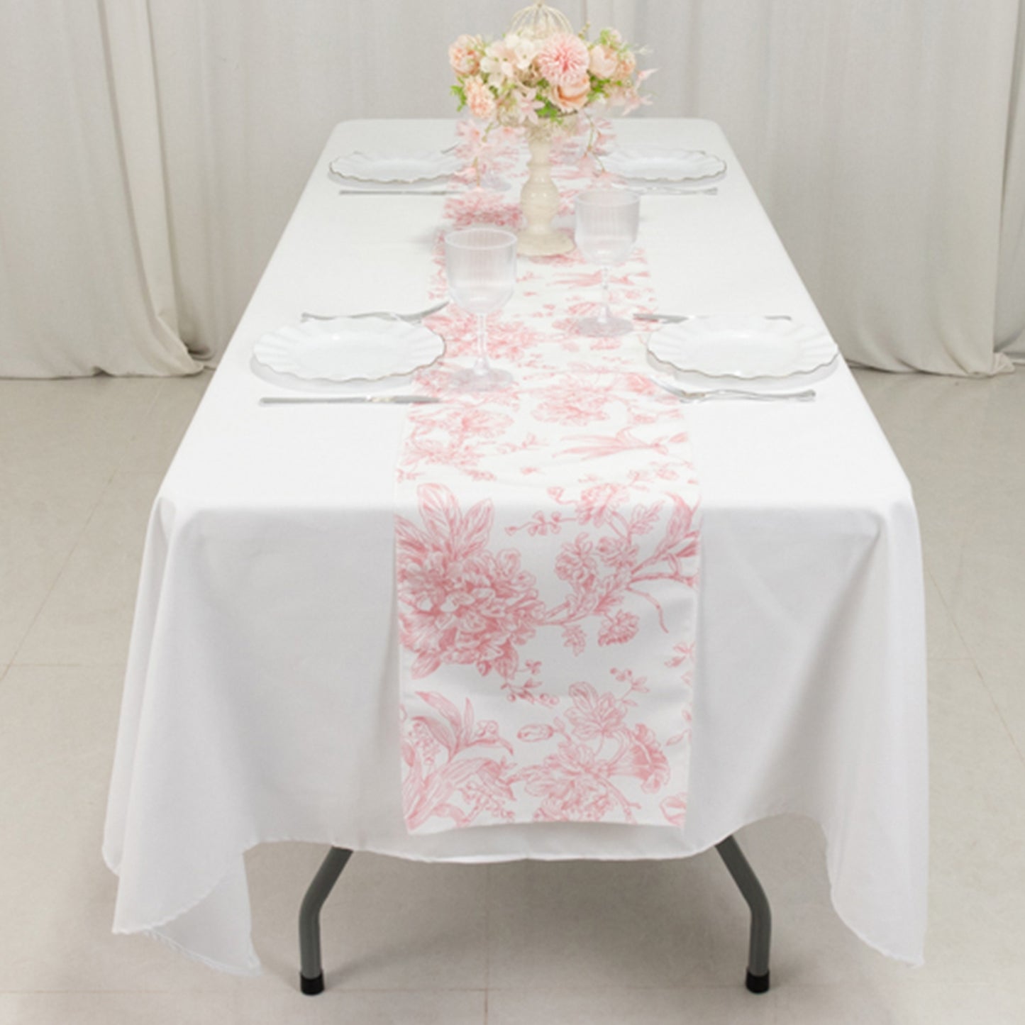 12"x108" White Pink French Toile Polyester Table Runner, Elegant Floral Pattern for Table Settings