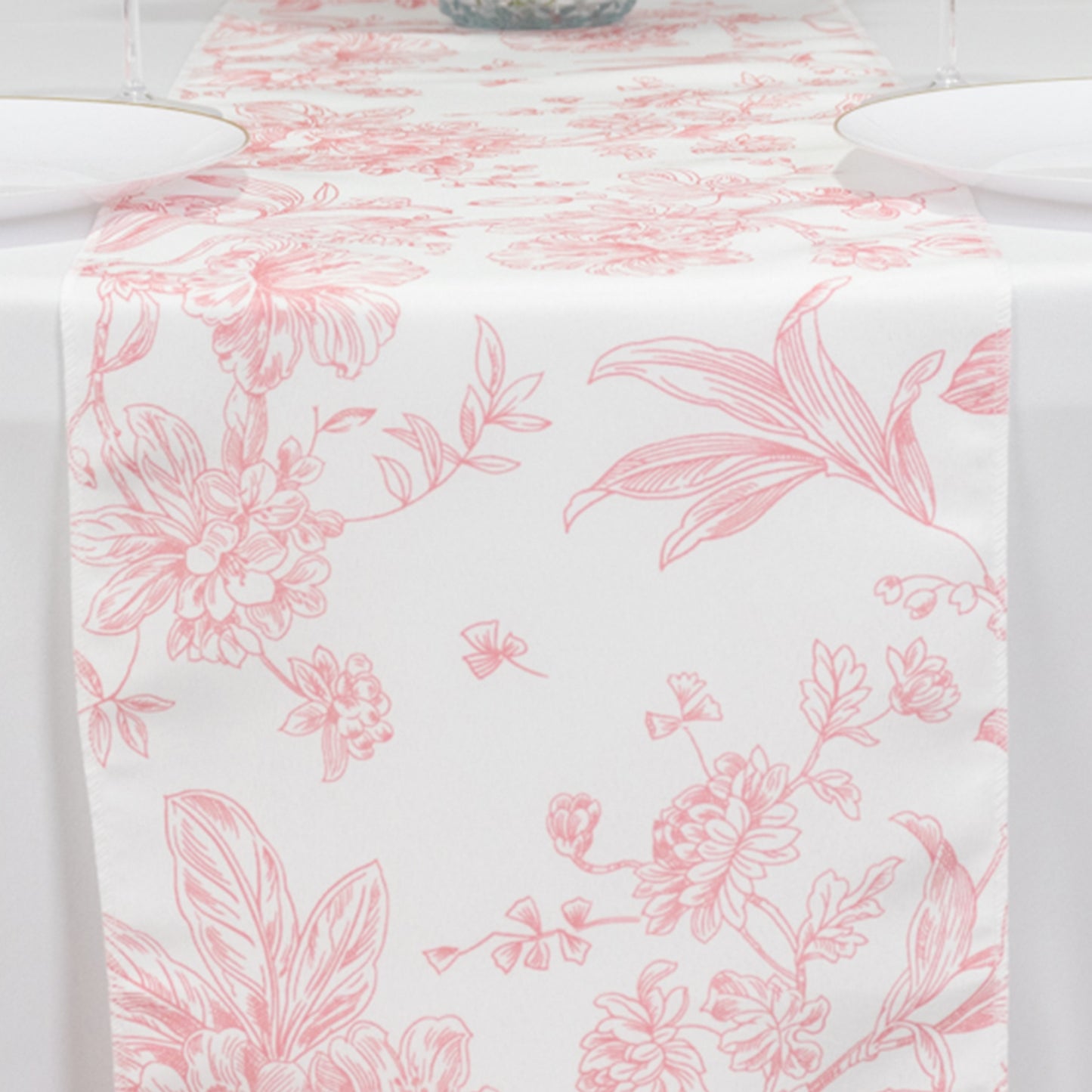 12"x108" White Pink French Toile Polyester Table Runner, Elegant Floral Pattern for Table Settings