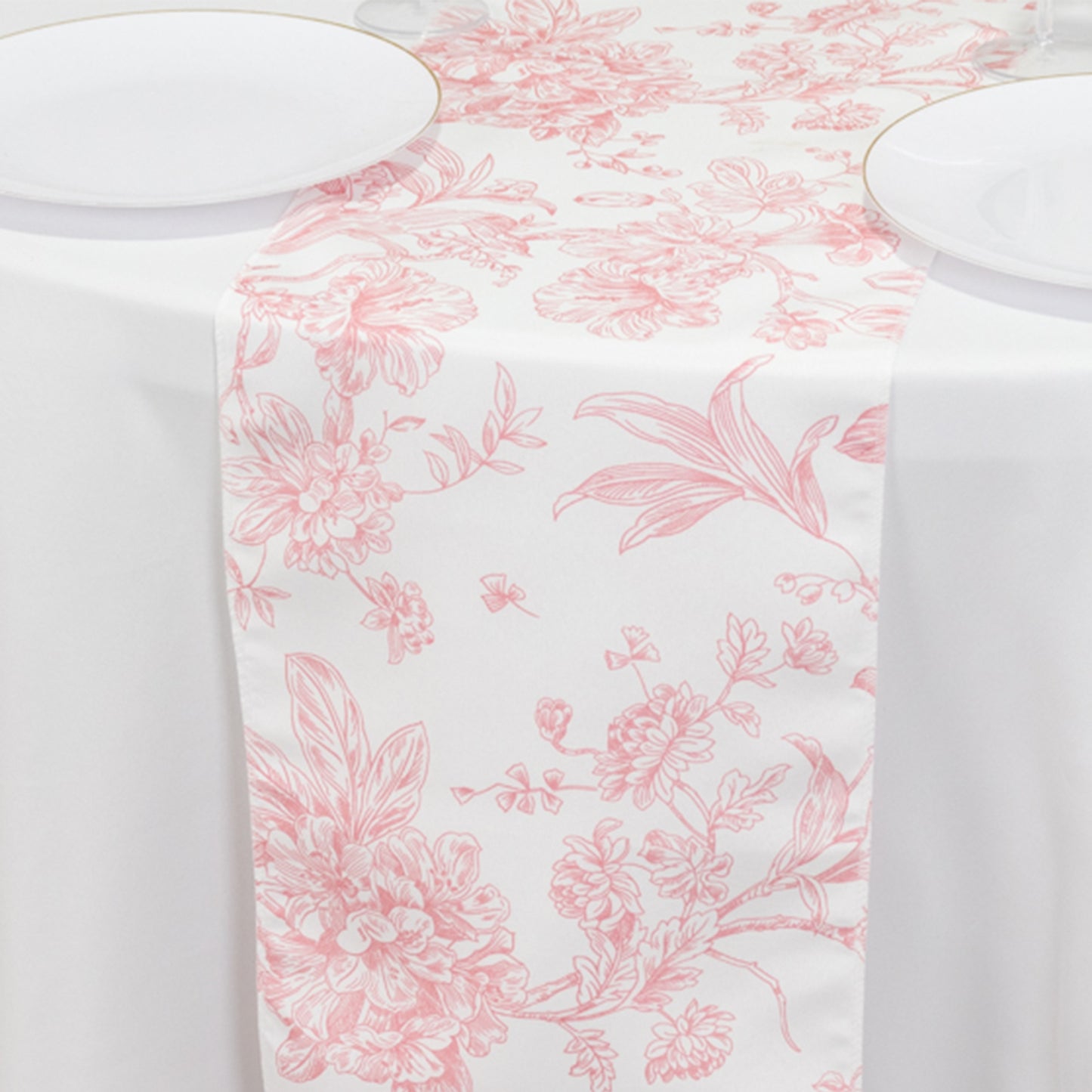 12"x108" White Pink French Toile Polyester Table Runner, Elegant Floral Pattern for Table Settings