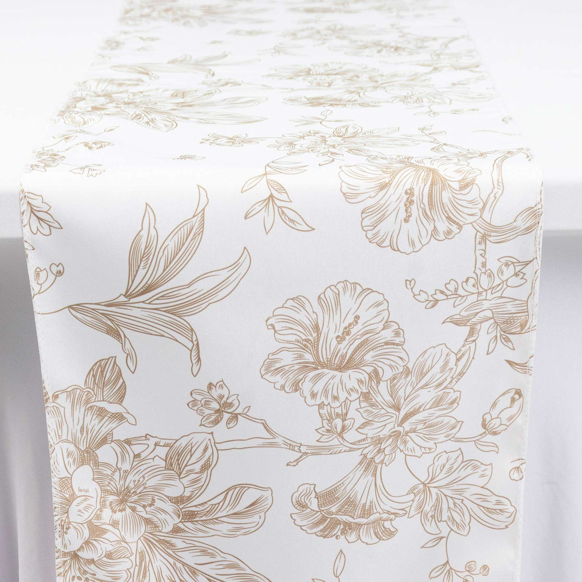 Polyester Table Runner 12"x108" White with Taupe French Toile Floral Print Reusable Table Décor