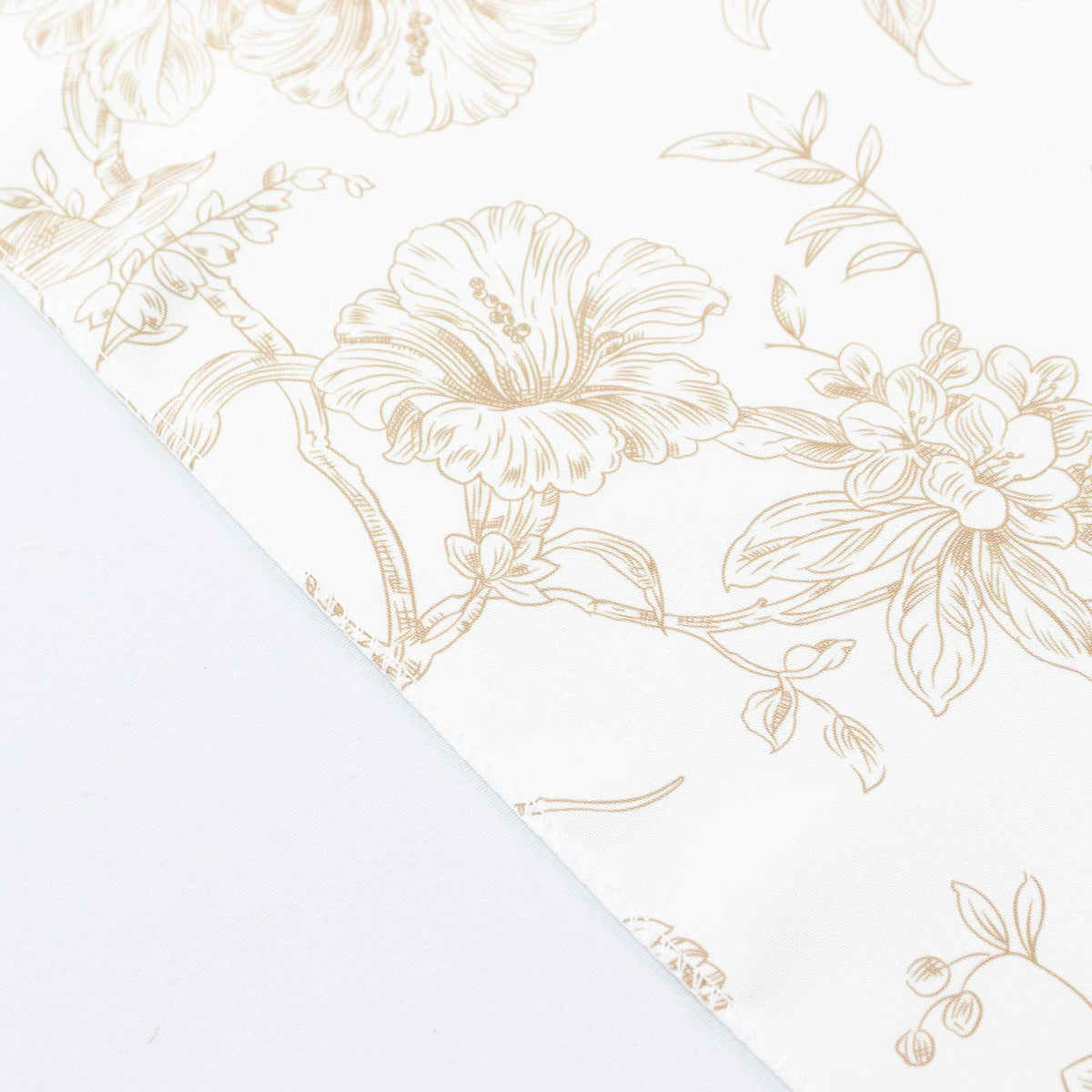 Polyester Table Runner 12"x108" White with Taupe French Toile Floral Print Reusable Table Décor