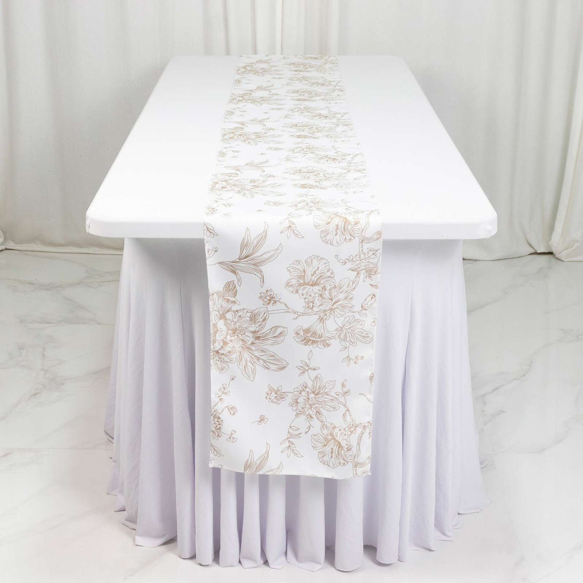 Polyester Table Runner 12"x108" White with Taupe French Toile Floral Print Reusable Table Décor