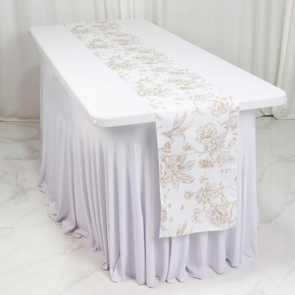 Polyester Table Runner 12"x108" White with Taupe French Toile Floral Print Reusable Table Décor