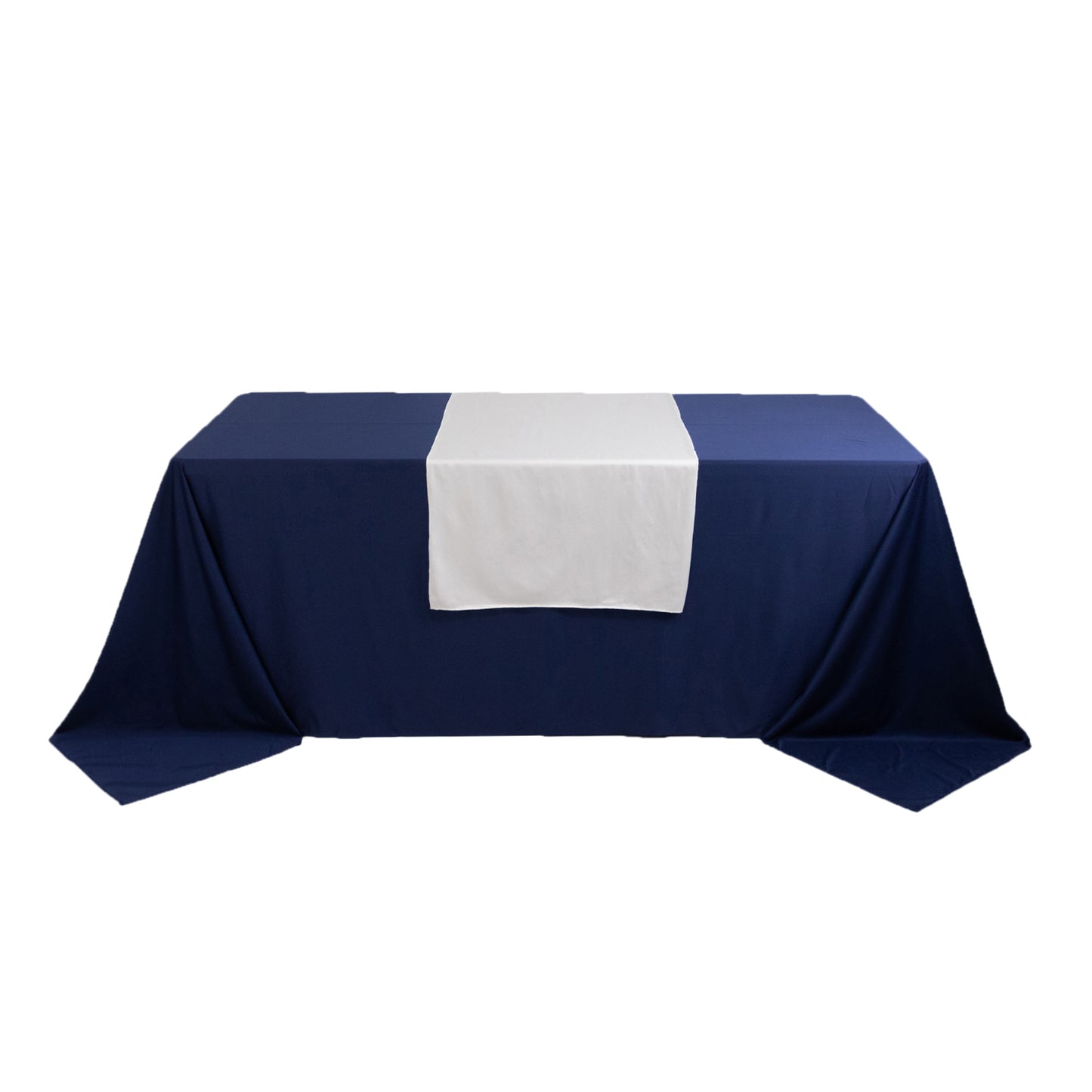 White polyester table runner on a navy blue table.