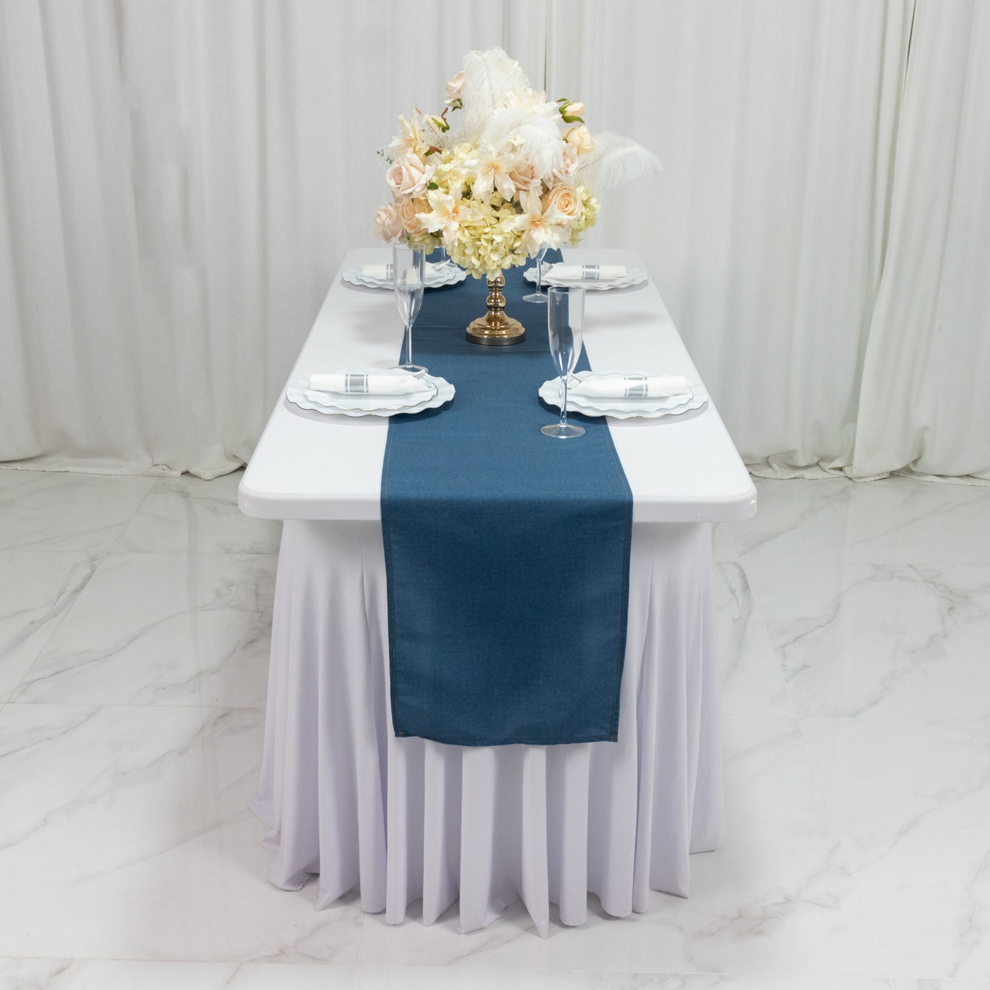 12"x108" Polyester Table Runner Denim Blue with Faux Denim Design, Wrinkle & Stain Resistant for Stylish Events