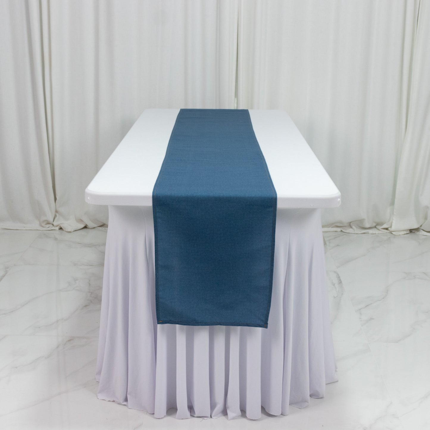 12"x108" Polyester Table Runner Denim Blue with Faux Denim Design, Wrinkle & Stain Resistant for Stylish Events
