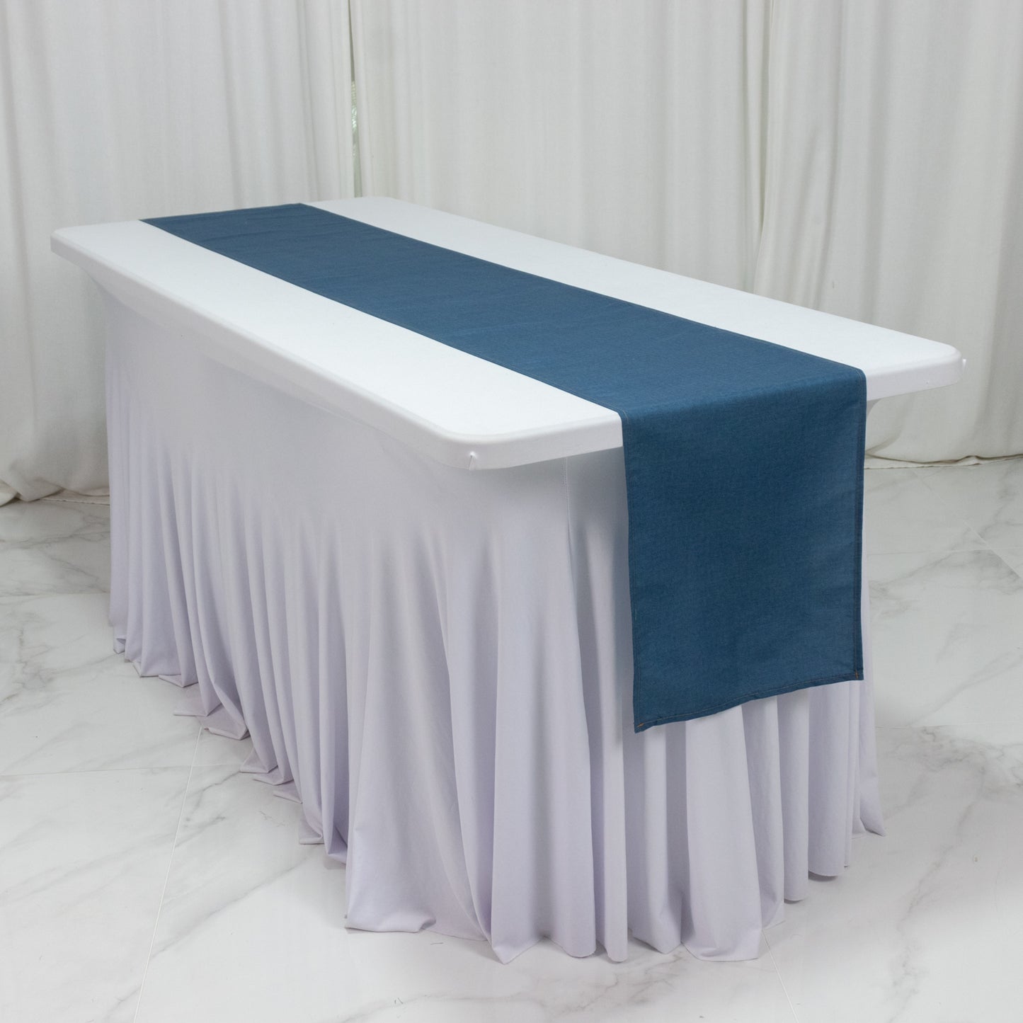 12"x108" Polyester Table Runner Denim Blue with Faux Denim Design, Wrinkle & Stain Resistant for Stylish Events